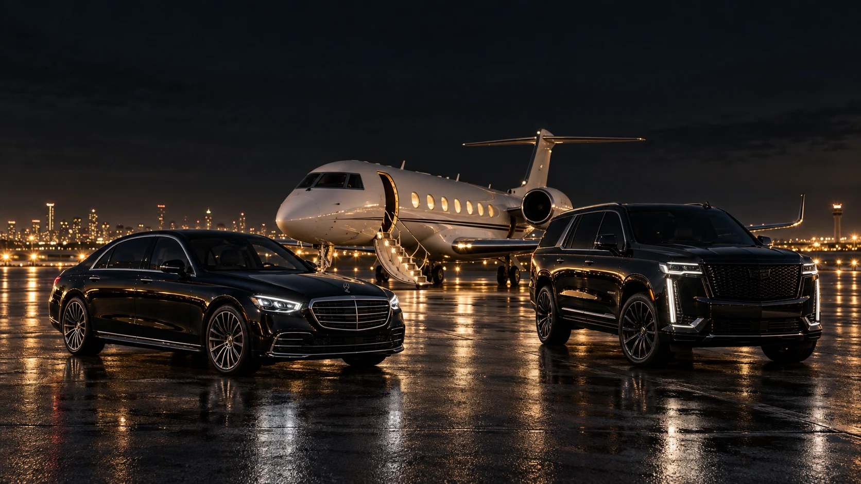 Black luxury sedan and SUV beside a private jet on a reflective airport apron at night